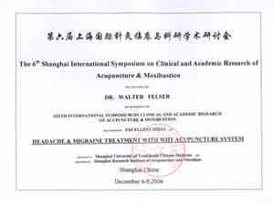 Auszeichnung fr Walter Felser: Akupunktur bei Augenkrankheiten und Kopfschmerzen in Shanghai